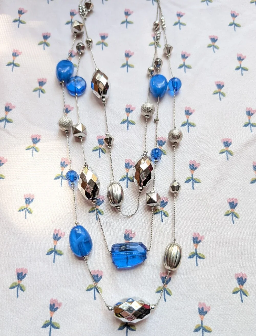 y2k blue & silver multi-strand layered beaded necklace